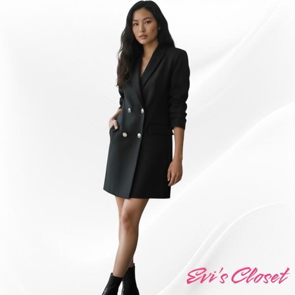 Zara Black Double Breasted Women's Blazer Dress Sz M Structured Shoulder & Pads - Picture 2 of 10